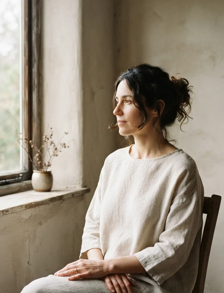 The founder sits by a window in a quiet, whitewashed room, looking out