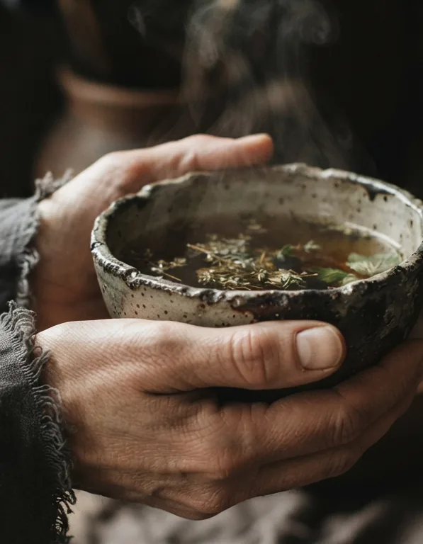Two hands holding a speckled ceramic bowl of steaming herbal tea