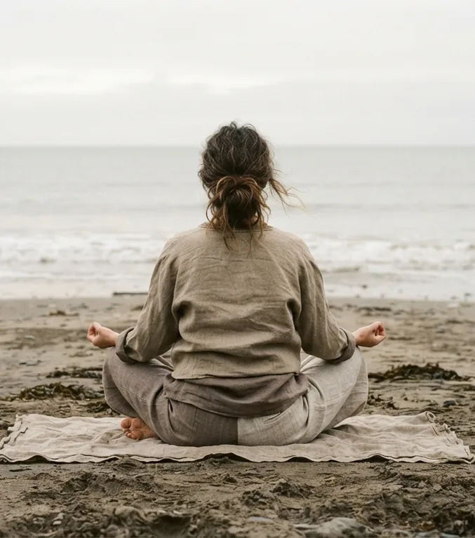 A woman in linen sits cross-legged on a blanket on the beach, facing a grey sea