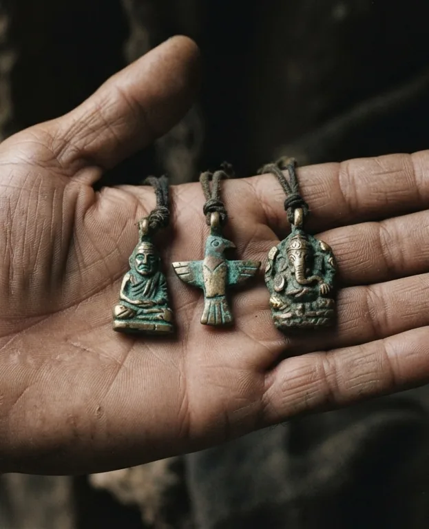 Three small brass charms with green patina on cords, resting in an open palm
