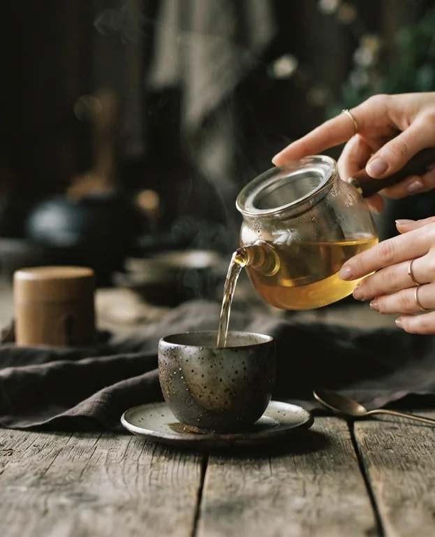 Golden tea poured from a glass teapot into a dark ceramic cup on a weathered wooden table